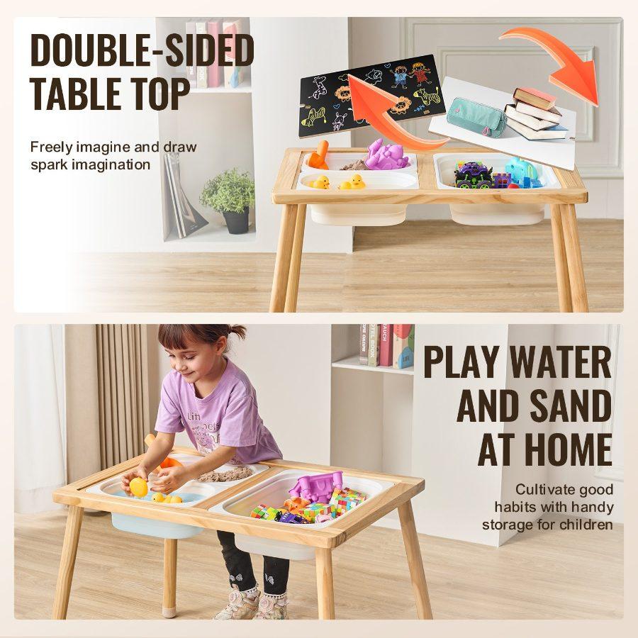 VEVOR Sensory Table for Toddlers, Kids Activity Table with 3 Foldable Storage Bins Double-Sided Board, Indoor/Outdoor Play Sand and Water Table, Wooden Kids Sensory Table for Drawing Studying Dining