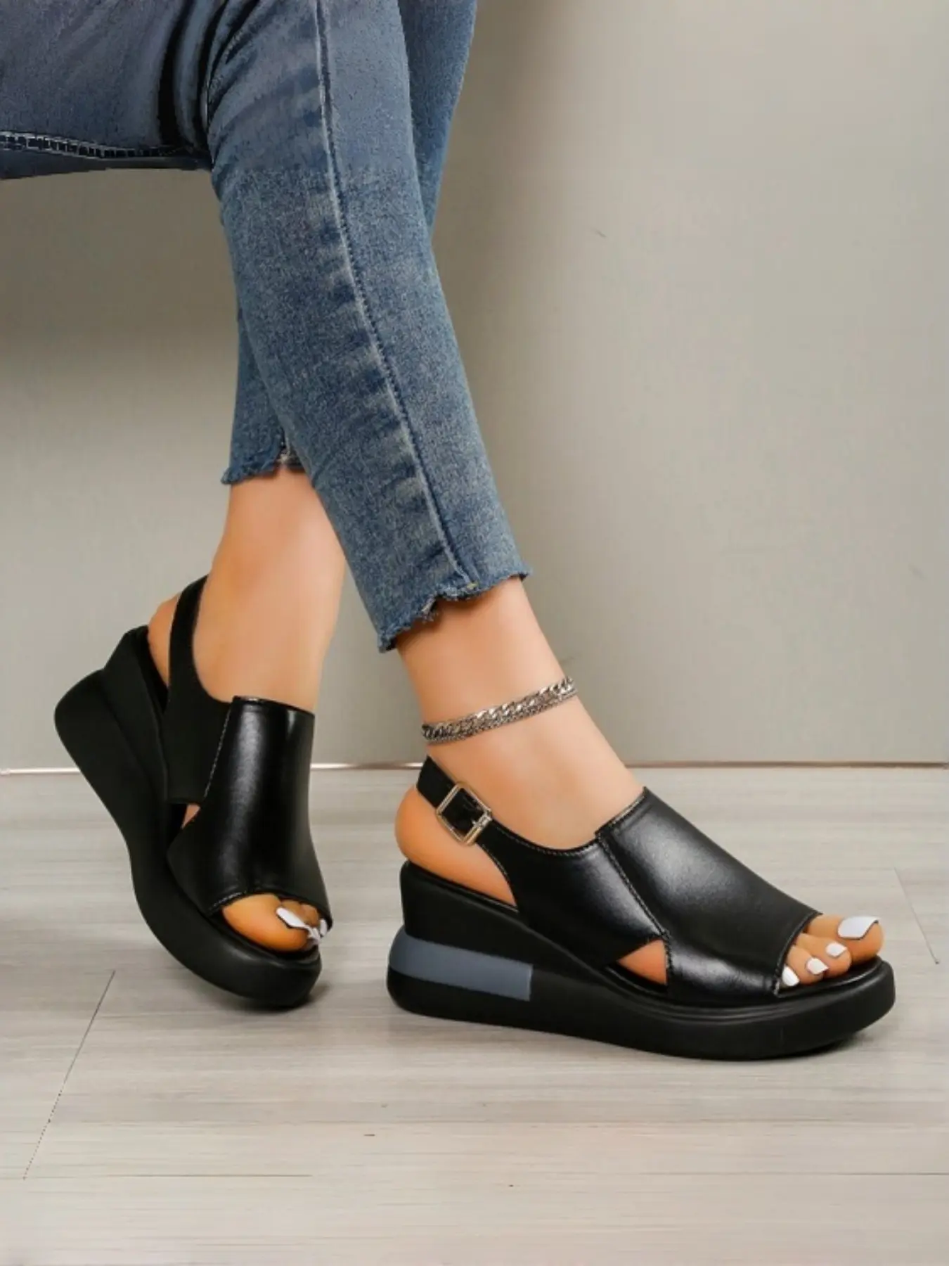Summer New Women's Backless Buckle Wedge Toe Exposed Sandals, Soft PU Leather, Rubber Sole, Fashion Plain Design, Comfortable Anti-Slip, Colors