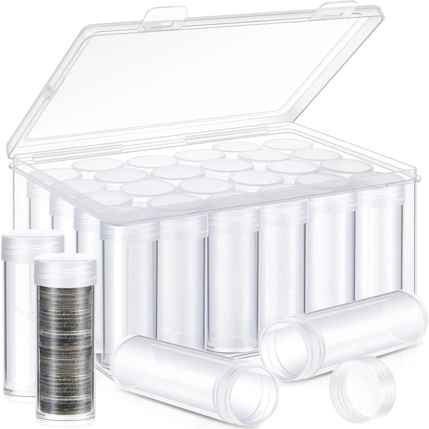 24 Pcs Quarter Coin Tubes with 1 Storage Box Clear Plastic Quarter Holders with Lid for Coin Collection and Organization