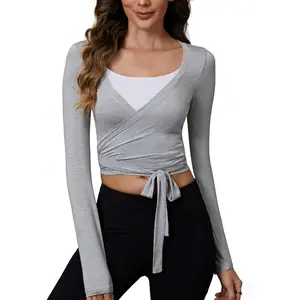 Women's Pilates Wrap Tops V-Neck Cross Tie Long Sleeve Shirt for Ballet Dance Yoga Workout