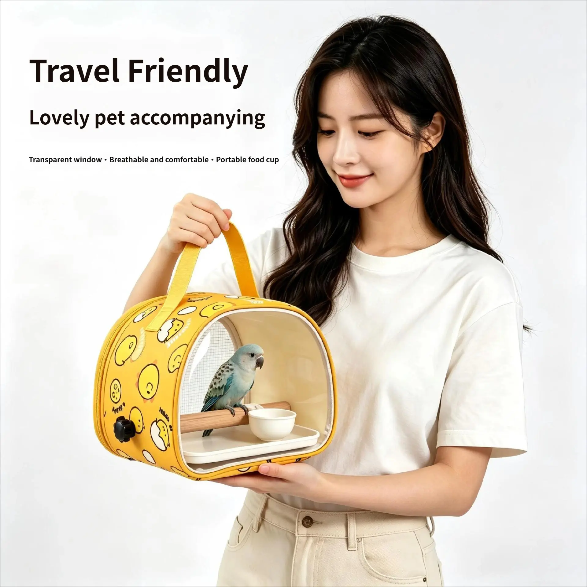 Parrot Bird Bag Oxford Fabric Waterproof Foldable Portable Bird Cage, Transparent Breathable Small Pet Travel Bag, Peony Tiger Skin Design, Bird Carrier