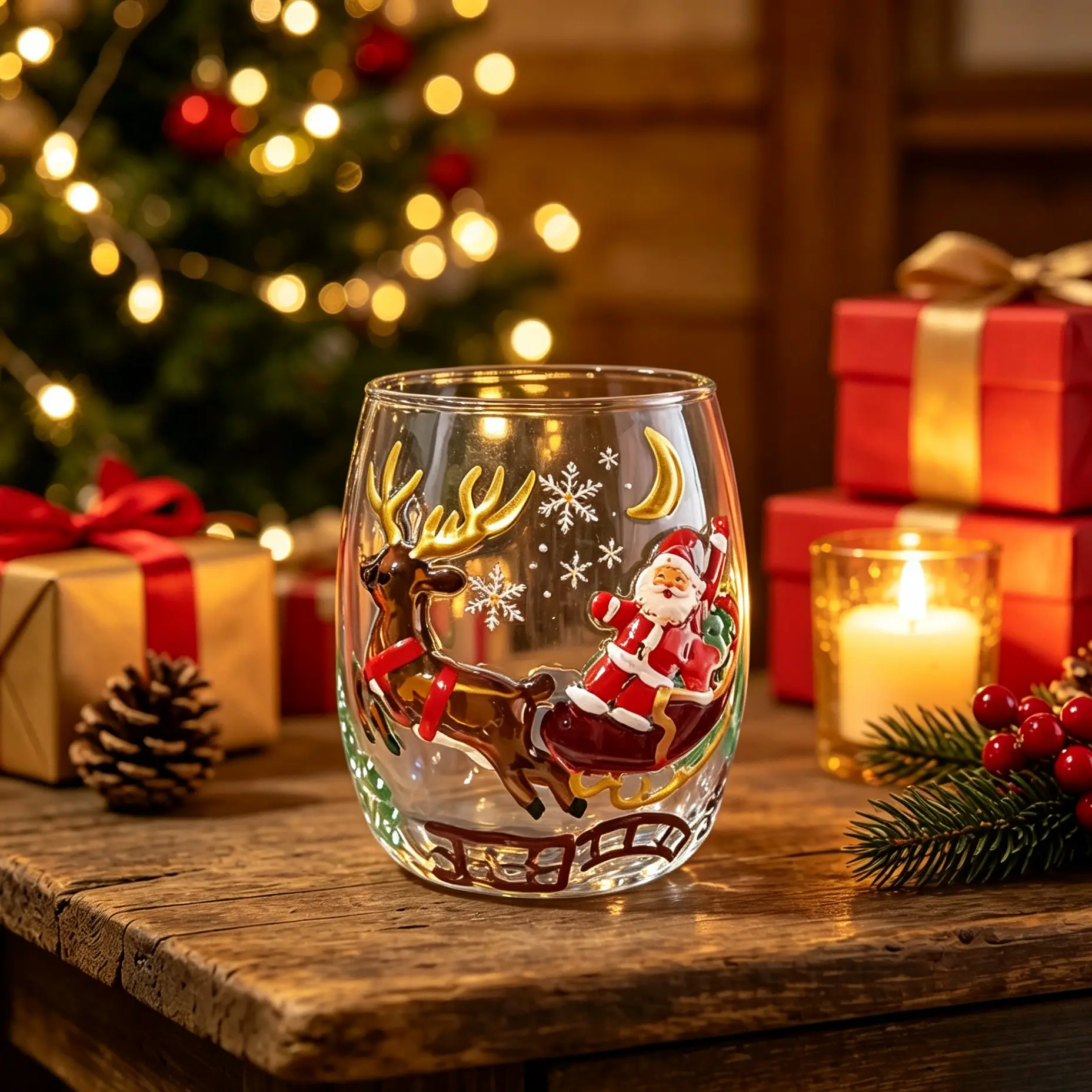 Festive Christmas Themed Stemless Glass Cup, Hand-Painted Relief Art Glassware, Holiday Decoration & Christmas Gift, Non-Lead Crystal Glass
