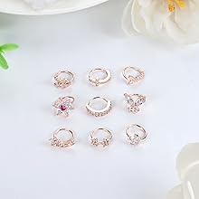 Trendy Summer 9pcs 20G Nose Rings Hoops for Women - Surgical Steel Paved CZ Cartilage Earring Hoop Cute Butterfly Flower Nose Piercing Jewelry - Silver, Gold, Black, Rose Gold