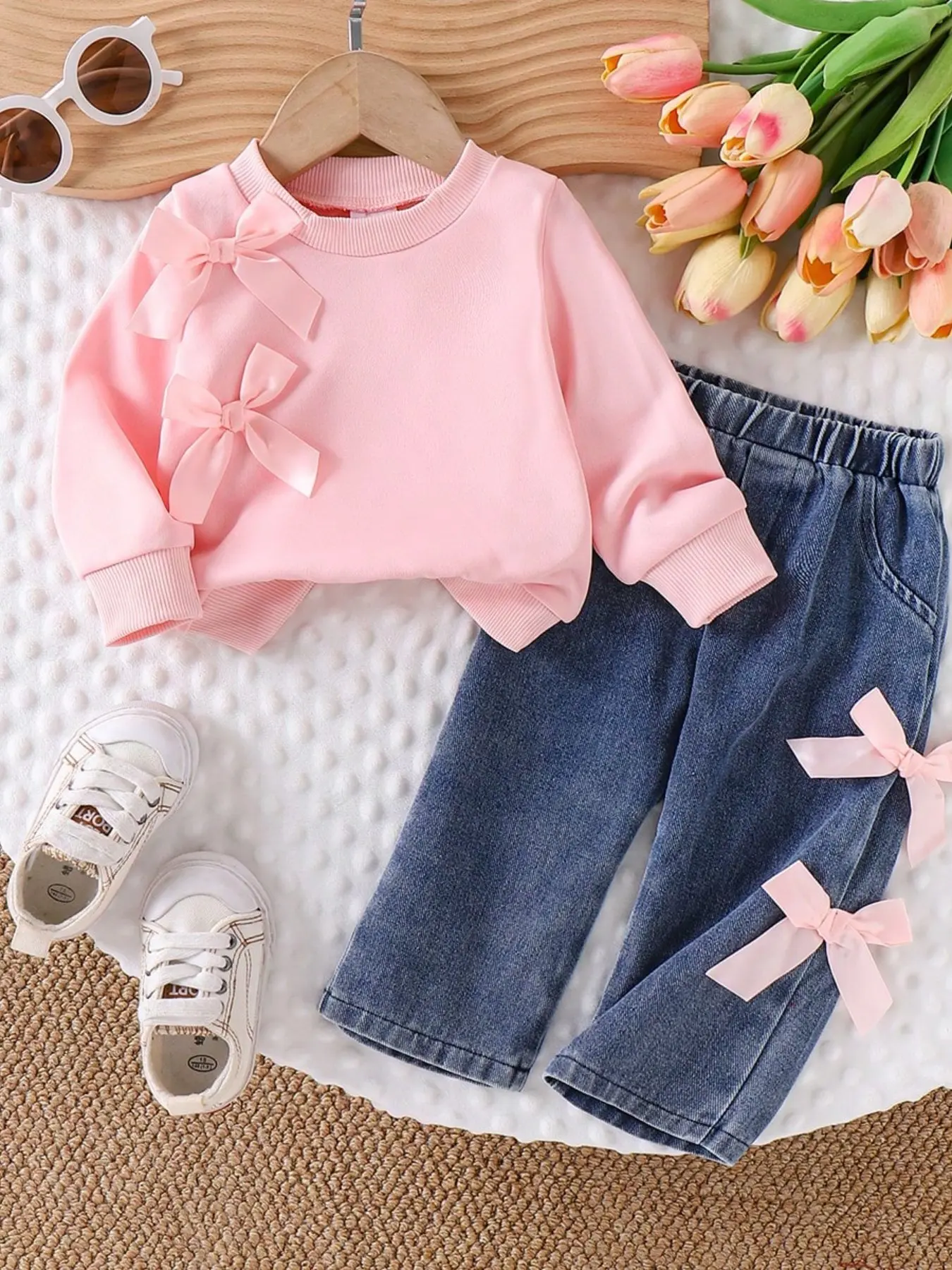 Baby Girl Spring Fall Sweet Casual 2-Piece Set, Peter Pan Collar Long Sleeve Top, Elastic Waist Jeans Pants with 3D Bow Decor