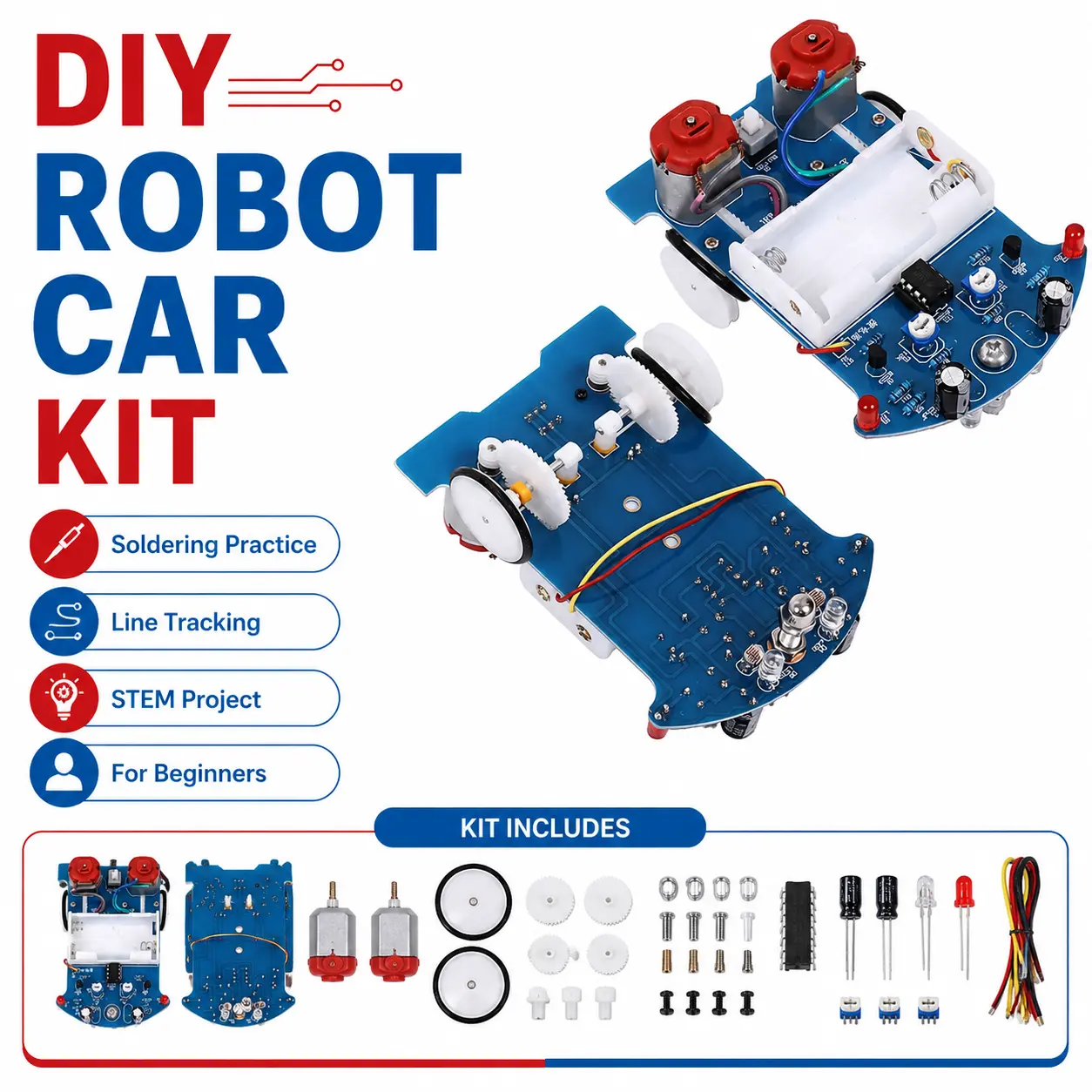 DIY Line Following Robot Car Soldering Kit for Beginners, Smart Electronics Practice Project with STEM Learning for School Activities & Competitions