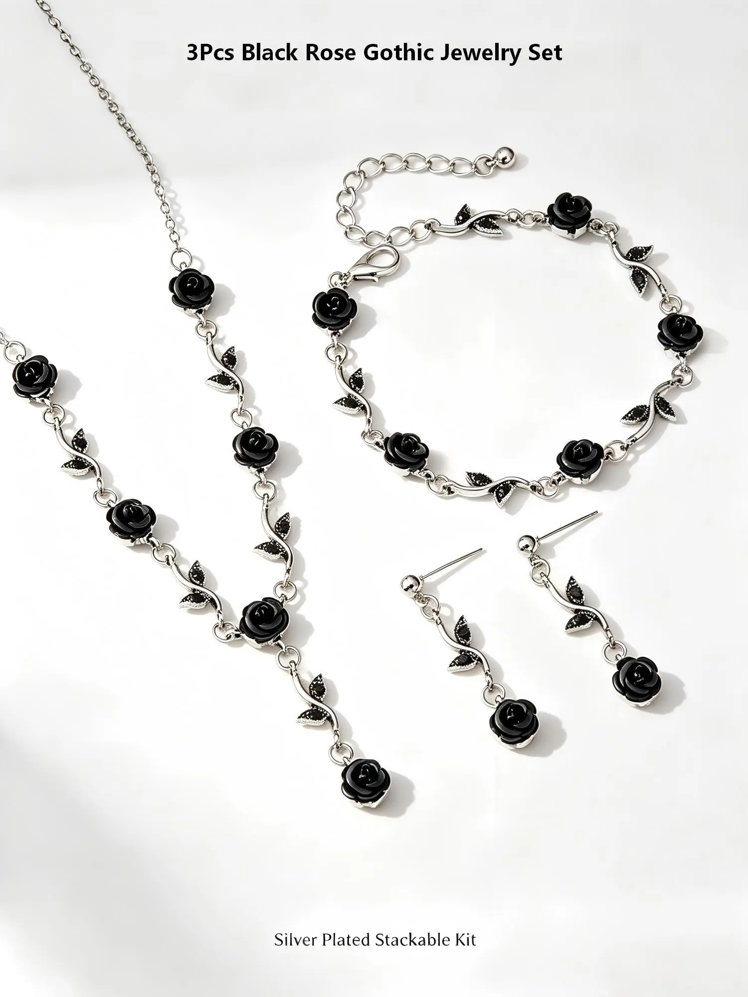 1Set Gothic Black Rose Silver Plated Vine 3Pcs Jewelry Kit, Matching Necklace Bracelet Drop Earrings, Punk Whimsigoth Dark Stackable Aesthetic Jewelry For Women, Daily Club Anniversary Birthday Valentines Holiday Gift Box Accessory
