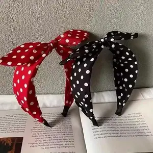 2 Pack Retro Polka Dot Wide Fabric Headbands for Women, Vintage Front Knotted Bow Hair Bands, Soft Stretch Non Slip Daily Casual Hair Accessories