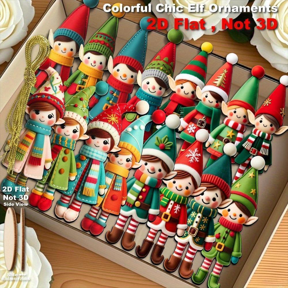 16pcs Christmas Wooden Cute Green Elf 2D Flat Wooden Pendant Christmas Tree Decoration Perfect Holiday Gift Decor