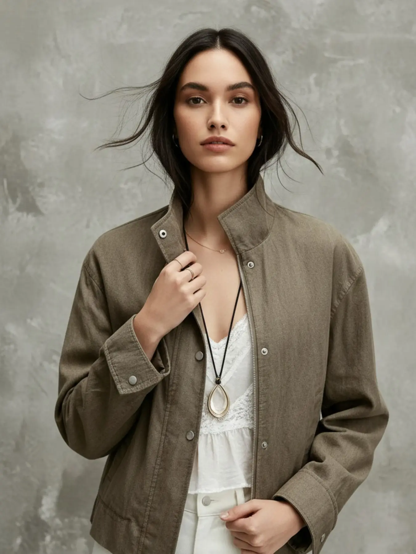 Women's Vintage Workwear Short Jacket, Stand Collar Zipper Button Closure, Casual Loose Fit Waist Cinch Jacket, Trendy Outerwear for Daily Wear