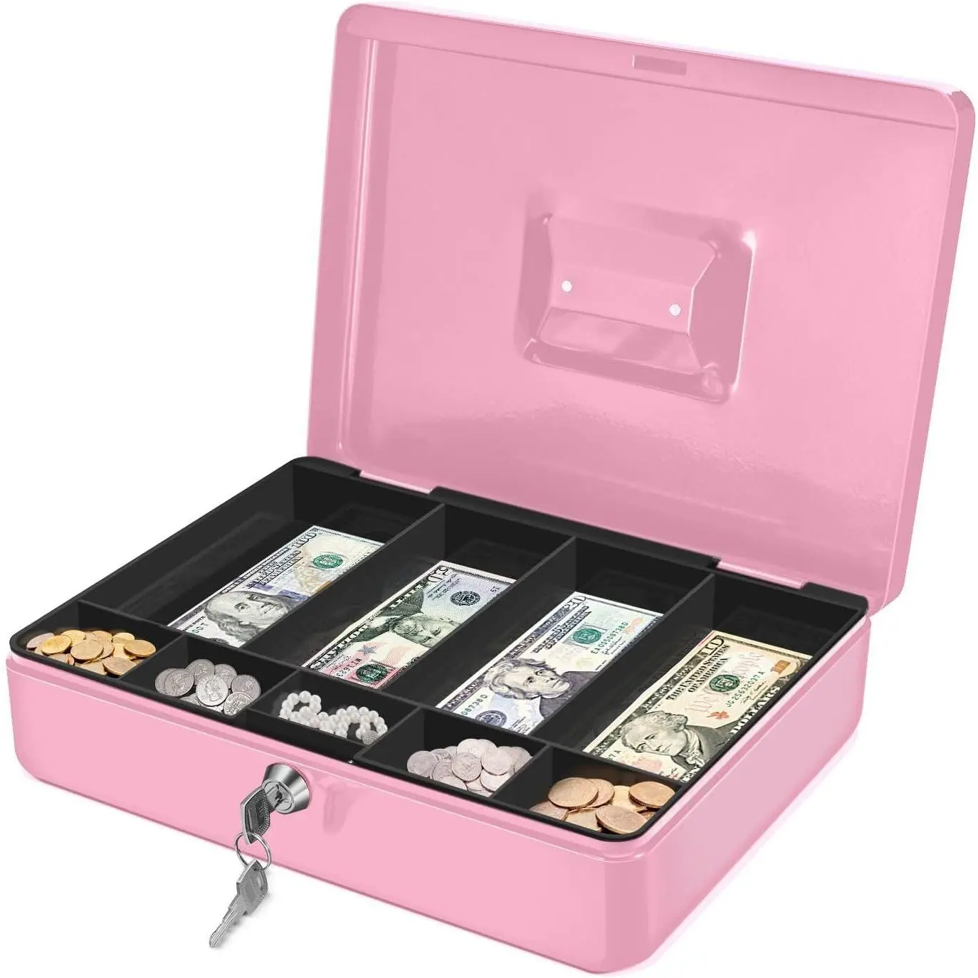 Small Cash Box with Money Tray and Lock, 11.4-Inch, Pink | Portable Metal Money Box for Petty Cash with Removable 9-Compartment Tray, 4 Bill Slots, Folding Handle, and 2 Keys