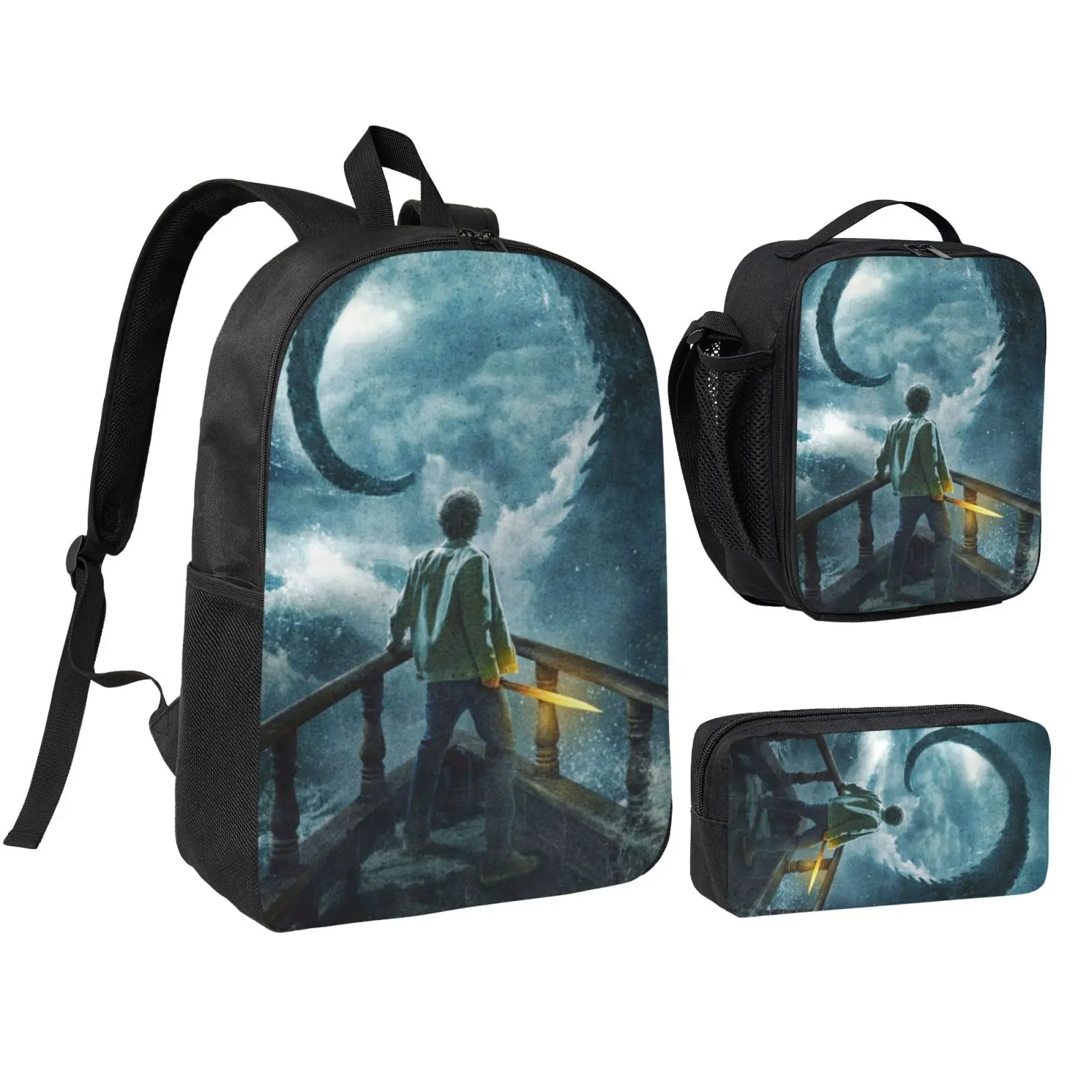 Anime Percy Jackson3 3Pcs School Backpack Set for Teen Boys Girls, Adjustable Shoulder Straps Lightweight Bookbag with Insulated Lunch Bag & Pencil Case, School bag, Travel Office Daily Bag