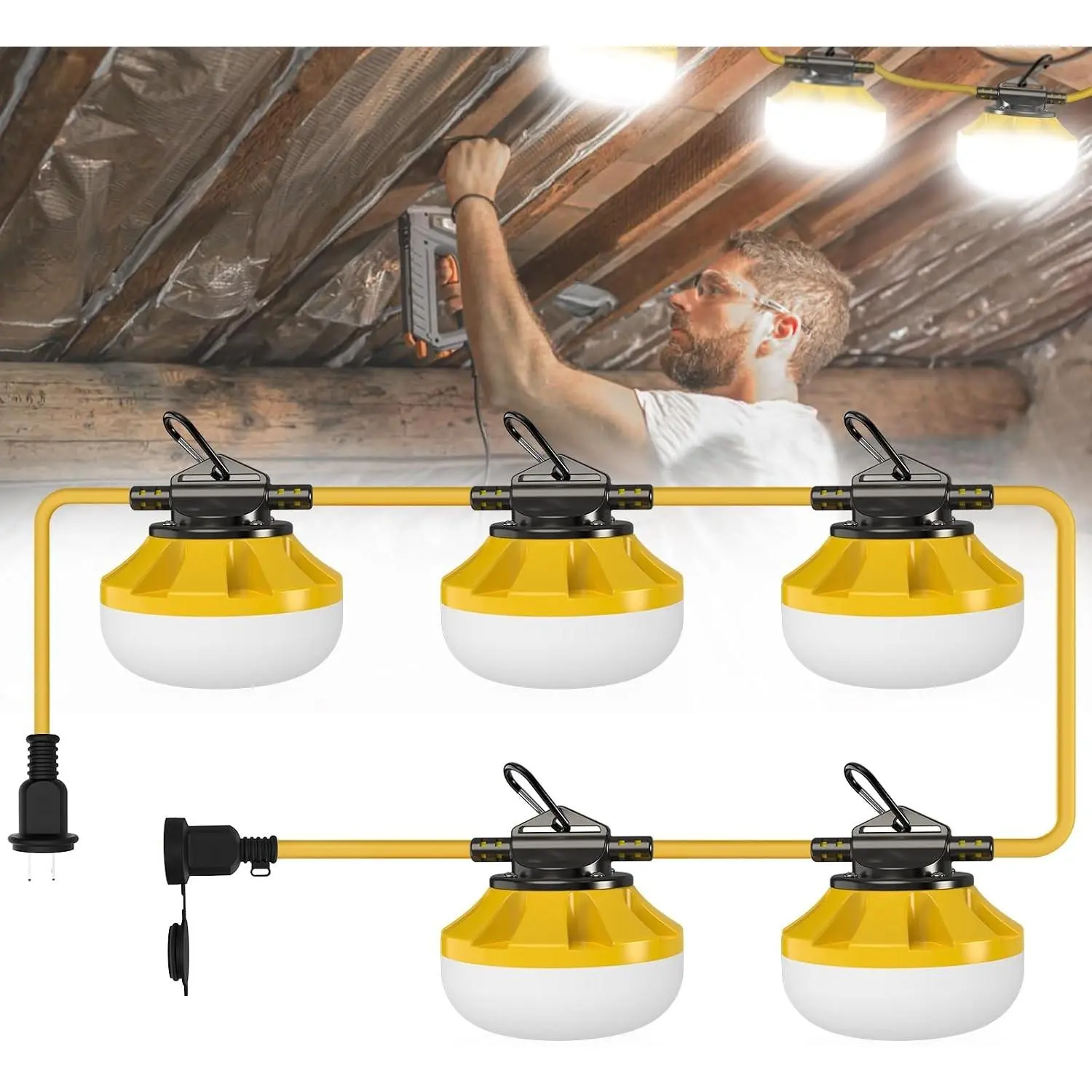 50FT Construction String Lights: 50W String Work Lights with 5 Bulbs & Hooks, IP65 Temporary Construction Lighting 5000K Linkable Hanging Work Light for Attic, Crawlspace, Basement, Backyard