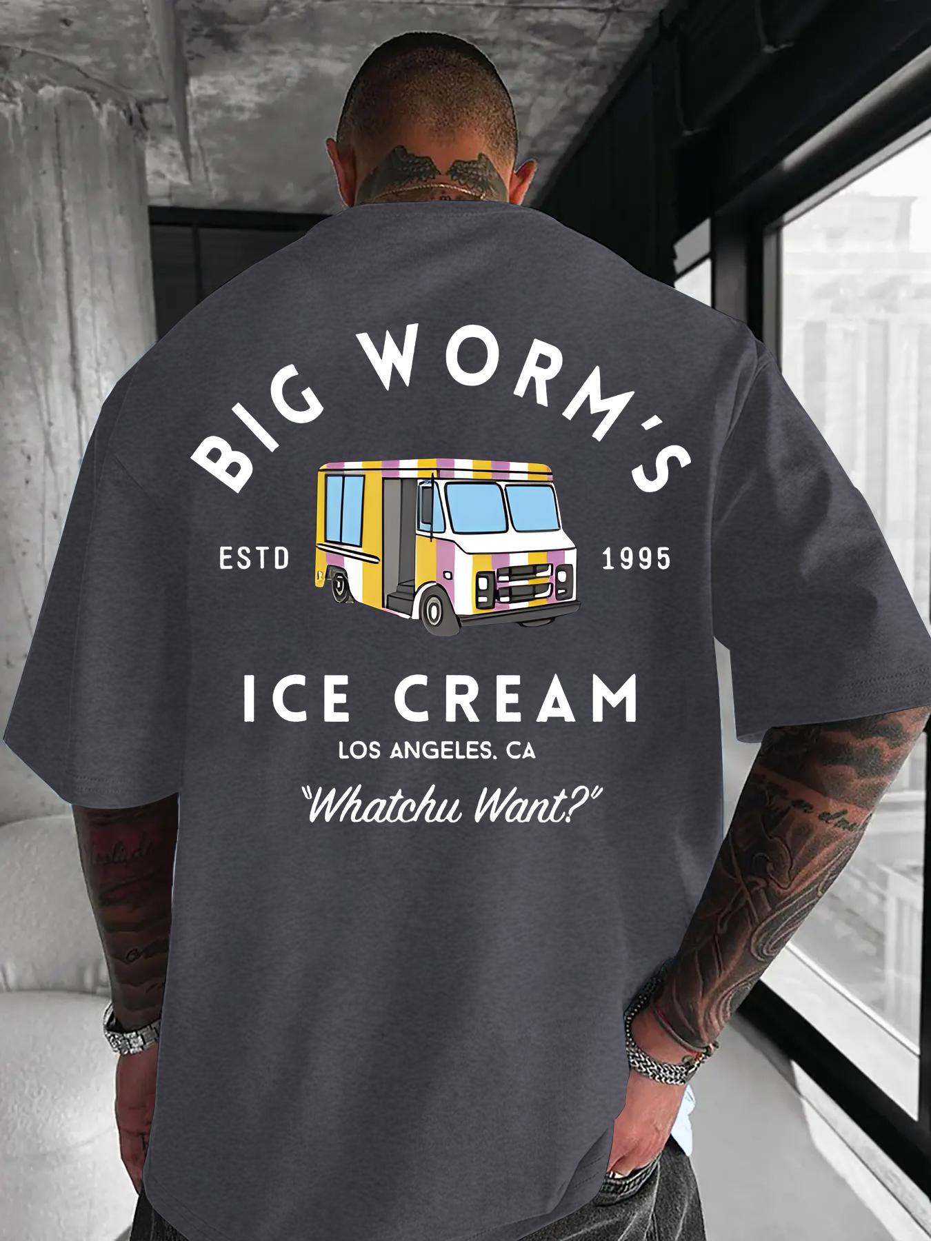 Men's Cartoon Ice Cream Truck & Letter Print Round Neck Tee, Loose Street Fashion Casual Short Sleeve T-shirt for Daily Wear, Men's Clothes for All Seasons, Casual Fit Streetwear