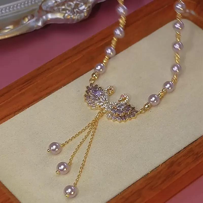 Luxury Purple Swan Necklace, Chic Minimalist Elegant Pendant, Fashion Statement Jewelry, Perfect Accessory for Cheongsam Dress