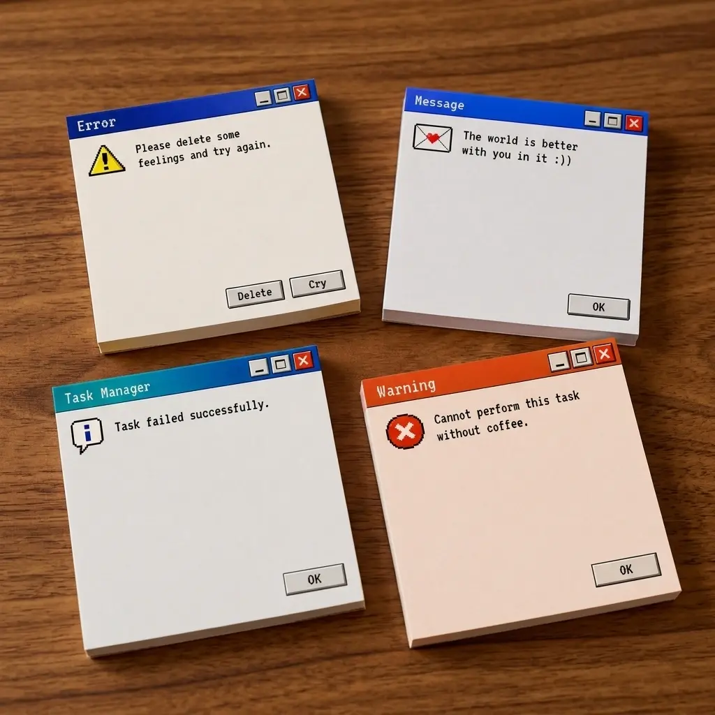 Funny Retro Computer Error Sticky Notes Set, 4 Pack 3x3 Inch 50 Sheets/Pad, Y2K Aesthetic Window Memo Pads for Office Desk Accessories, Humor Coworker Gift and Unique Work Space Reminders