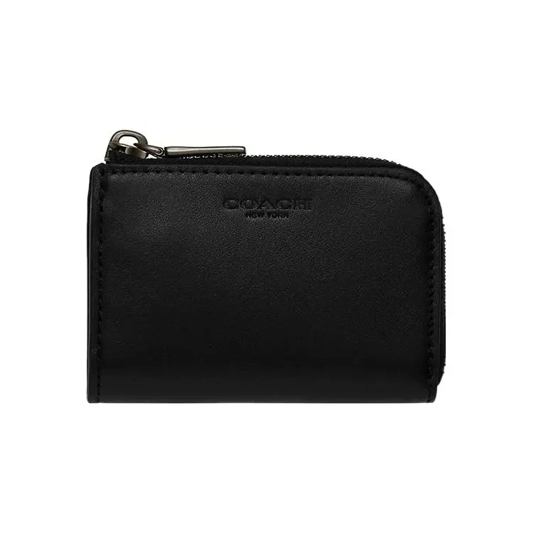 Coach Card Case – Engraved Logo Zip Closure, Premium Calfskin, Unisex Minimalist Black Wallet