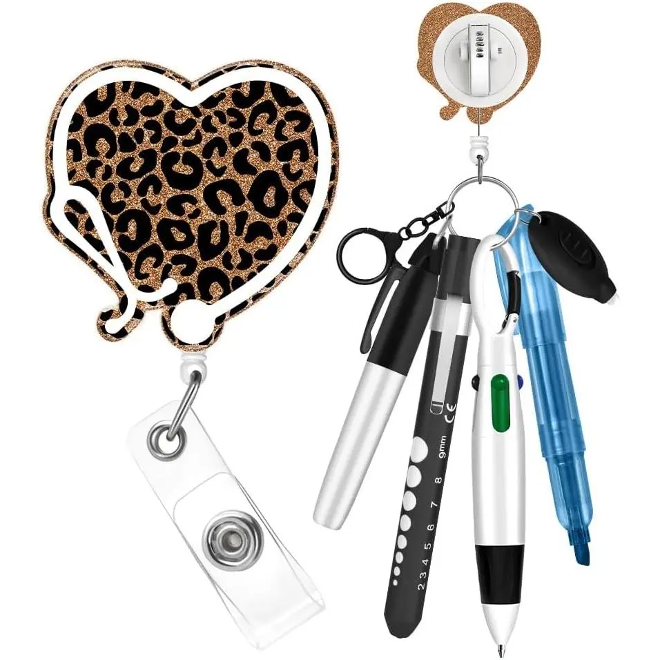 Nurse Pen Set Badge Reel Holder Accessories Clip - Retractable Mini Nursing Ball Pen Permanent Marker Highlighter Light Penlight Small Flashlight Work Student Office Hospital Leopard Heart