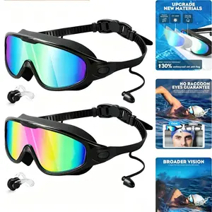 1/2PCS-New Adult Swim Goggles — Anti-Fog, HD, Large-Frame Swimming Goggles with Integrated Earplugs; Waterproof Silicone, Electroplated Lenses