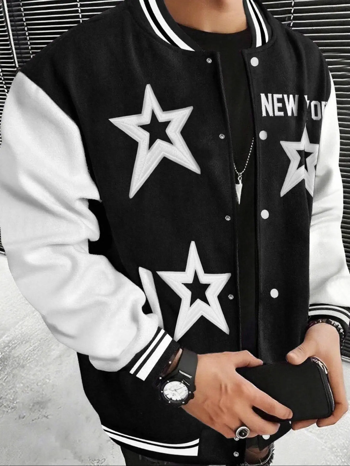 Men's American Style New York Wind Color Block Baseball Jacket, Letter and Star Pattern, Side Pocket Design, Versatile Fashion Outerwear