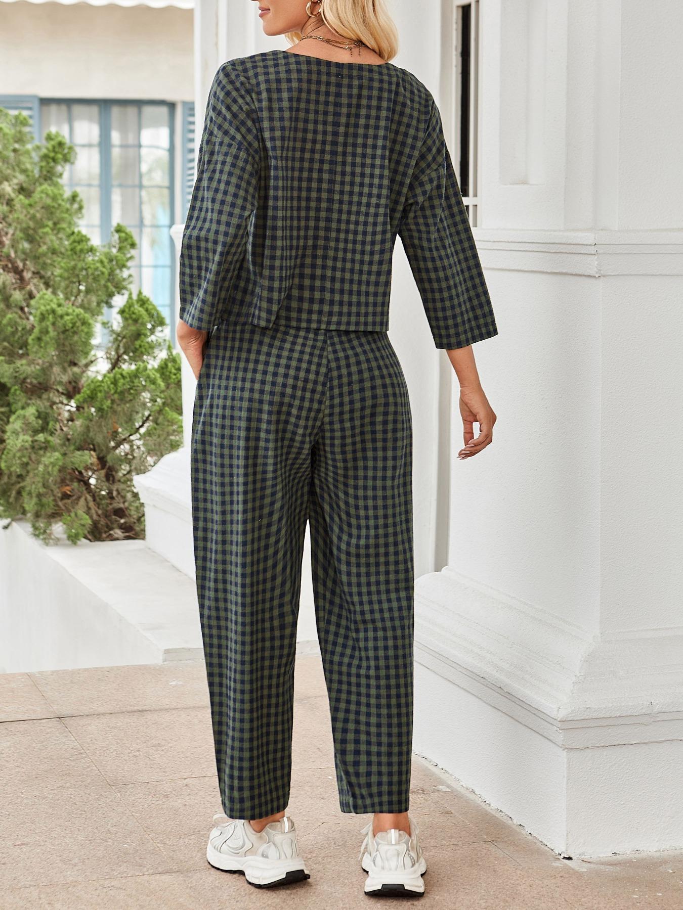 Women's Fall Casual Plaid Print Woven Set, Loose Fit Long Sleeve Top & Elastic Waist Wide Leg Pants Two-Piece for Home Wear, Clothes