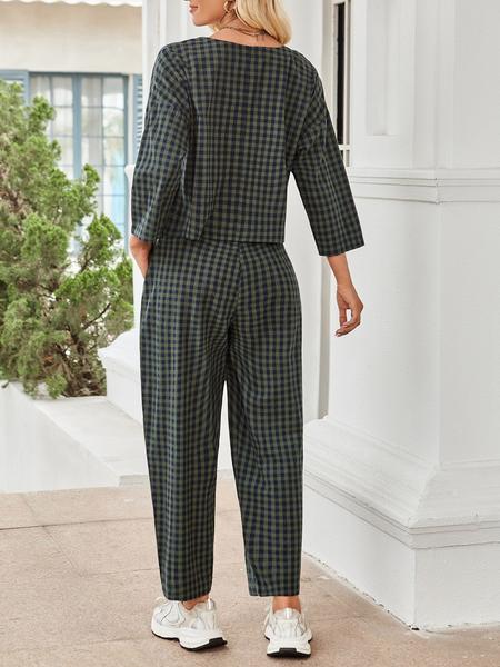 Women's Fall Casual Plaid Print Set, Loose Fit Long Sleeve Top & Elastic Waist Wide Leg Pants Two-Piece for Home Wear, Clothes