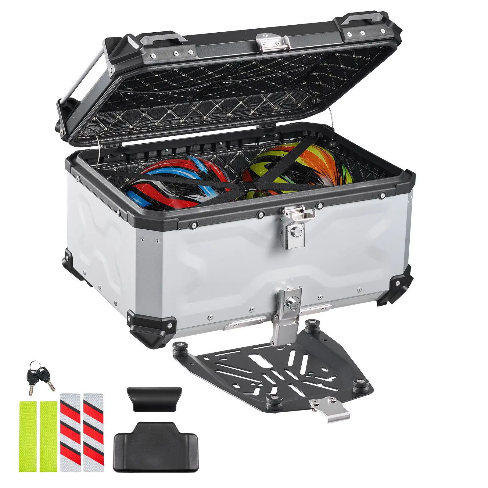 VEVOR Motorcycle Top Case, 65L Universal Aluminum Hard Motorcycle Tail Case, Waterproof Detachable Motorbike Top Box with Security Lock Leather Liner for Helmets Storage