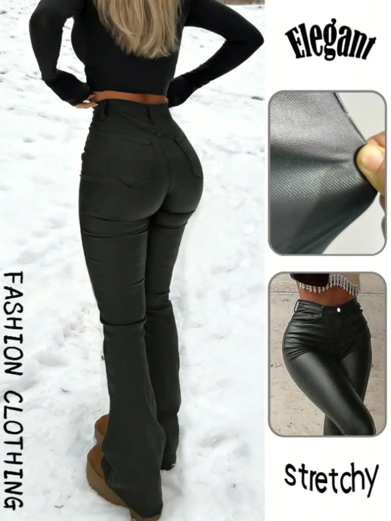 Women's Leather PU Coated High Elasticity Flare Pants, Stylish and Comfortable Long Trousers for Everyday Wear, Fashionable Ladies' Clothing