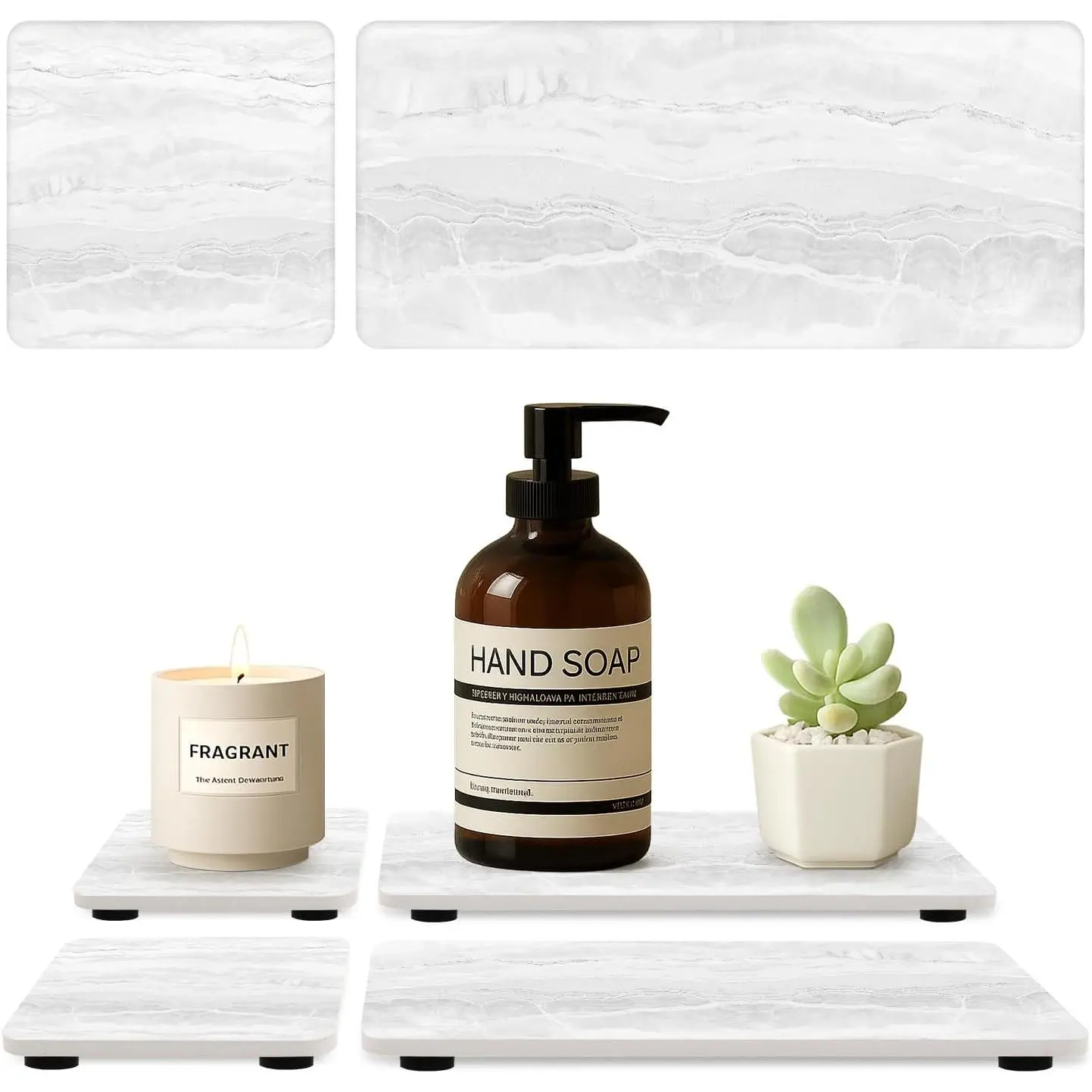 4 count Water Absorbent Stone Dry Tray for Bathroom Sink Kitchen Counter Tray | Diatomite Stone Quick Drying Diatomaceous Earth Mat Soap Dispenser Dish Sponge Holder Ceramic Marble Bathroom  Trays