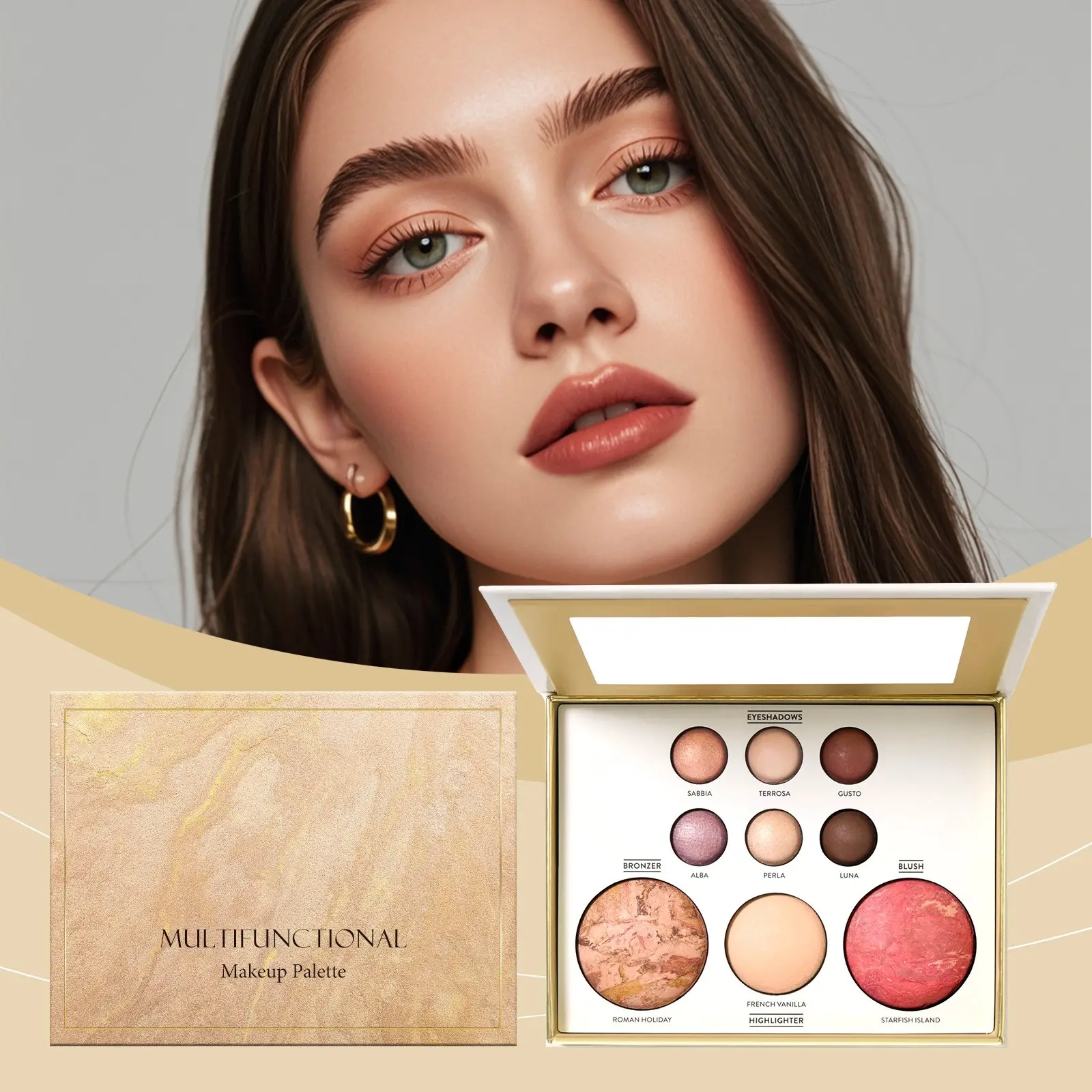 Multi-Use Makeup Palette, Eyeshadow, Contour, Blush, Highlighter, Creamy Finish, Six Shades, Two Blushes, One Highlighter, Cheek Makeup Duo