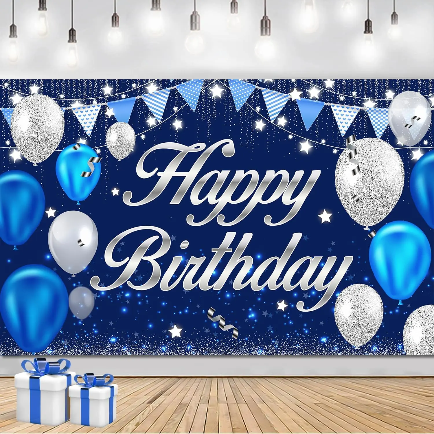 Happy Birthday Banner - Blue Sliver Happy Birthday Background Sign, Birthday Decorations for Men Women Boys Girls, Perfect for Indoor Outdoor Theme Party Decorations