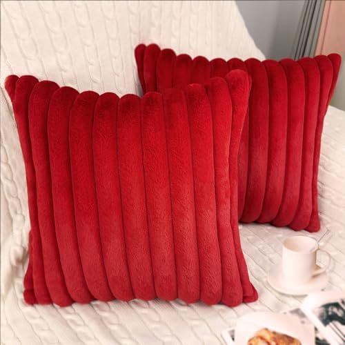 2 Pack 18x18 Pillow Cover Velvet Pillow Covers, Faux Fur Square Throw Pillow Covers for Living Room Decorations Throw Pillow Case, Throw Pillow Cover Cushion Cover for Home Sofa Bedroom Car, Red