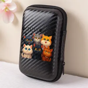 A beautiful and cute cat pattern storage box, essential for office and travel! EVA material earphone/data cable/charger storage box, compact design with mesh pockets, easy to organize charging cables