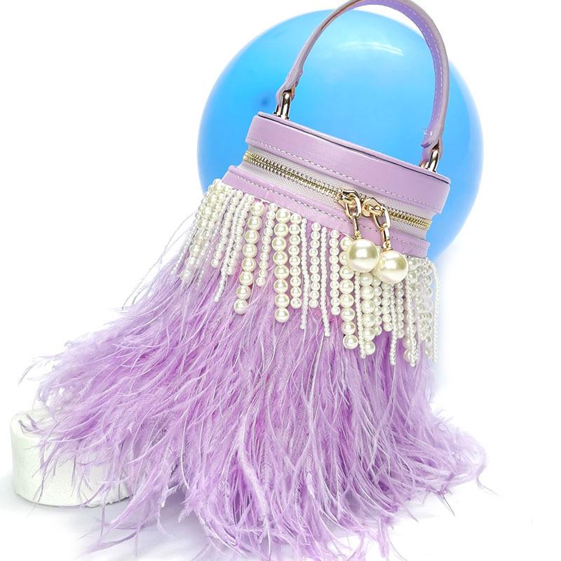 2026 Fashionable Light Luxury Pearl Tassel Feather Bag Round Barrel Single Shoulder Handbag Crossbody Bag