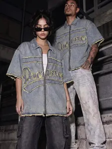 Dreamer Embroidered Denim Short Sleeve Shirt, American Vintage Washed Zipper Open Front, Unisex Streetwear Fashion Top