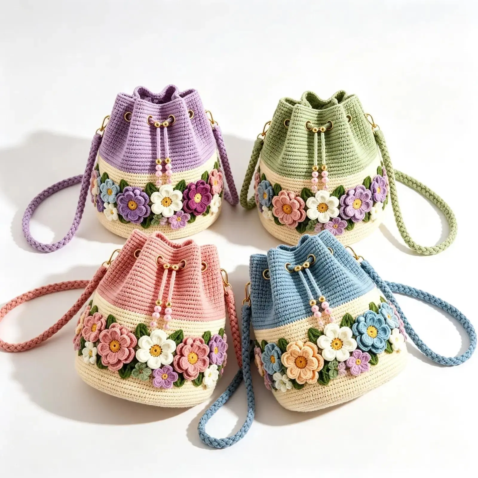 Women's Handwoven Crochet Floral Bucket Bag, 3D Textured Flower Ornaments, Beaded Adjustable Drawstring, Lightweight Spacious Boho Crossbody Purse for Summer Beach, Vacation & Daily Casual Outings