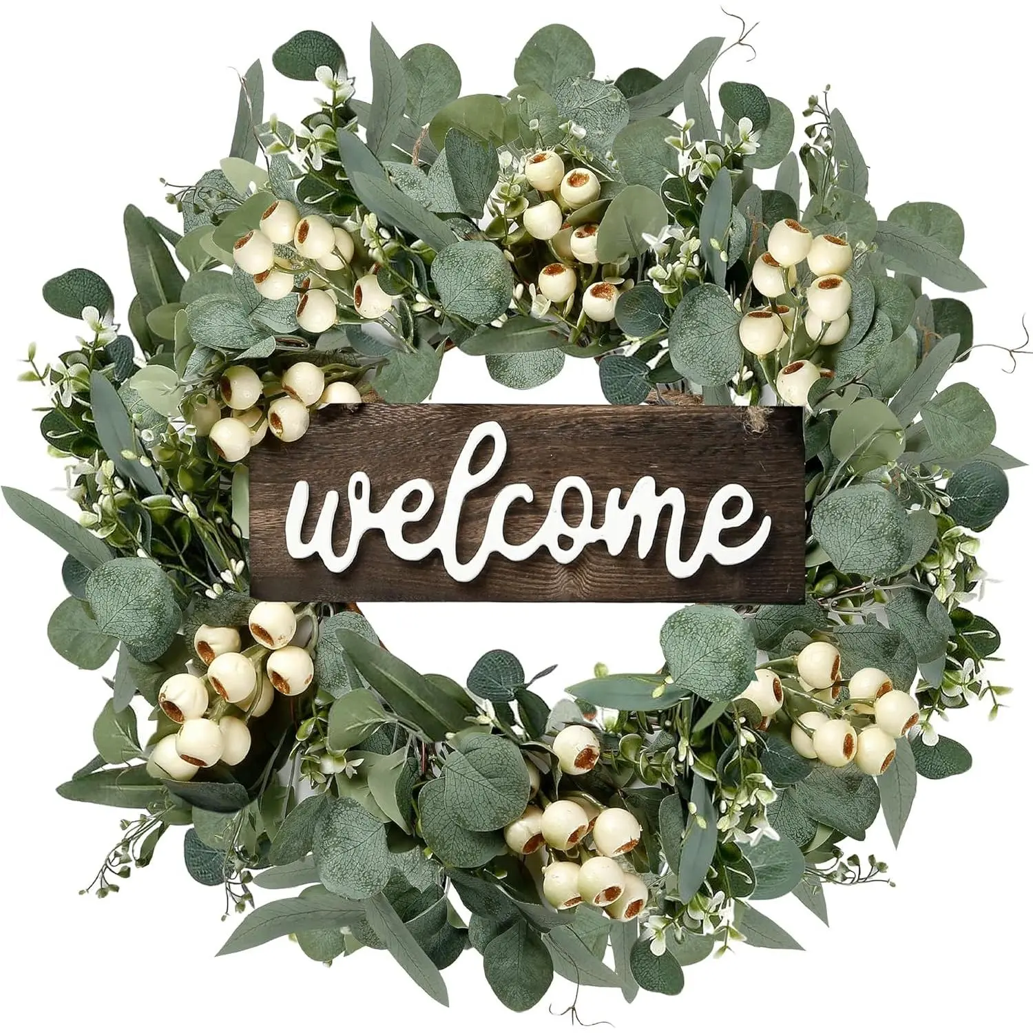 Green Artificial Eucalyptus Wreath with Welcome Sign 20in Spring Summer Wreath with White Berries for Front Door Wall Window Festival Porch Farmhouse Patio Garden Decor