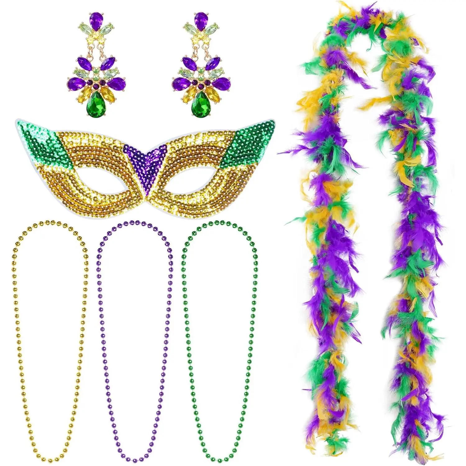 Mardi Gras Mask Carnival Accessories Set Mardi Gras Sequins Mask  Boa Earrings Mardi Gras Beads Set for Mardi Gras Carnival Party Accessories