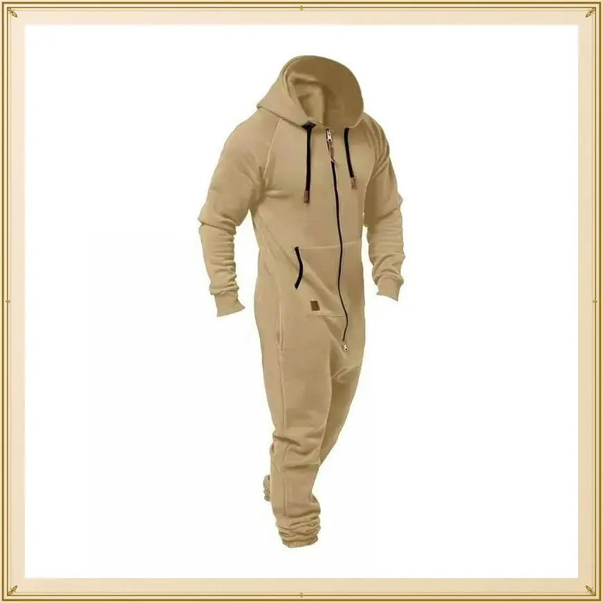 Men'sBeigeThermalFleeceLinedHoodedJumpsuitwithPocketsFullZipperLongSleevesAdjustableDrawstringComfortableSportswearMenswearOverallsKnitting Casual PlainGiftGift