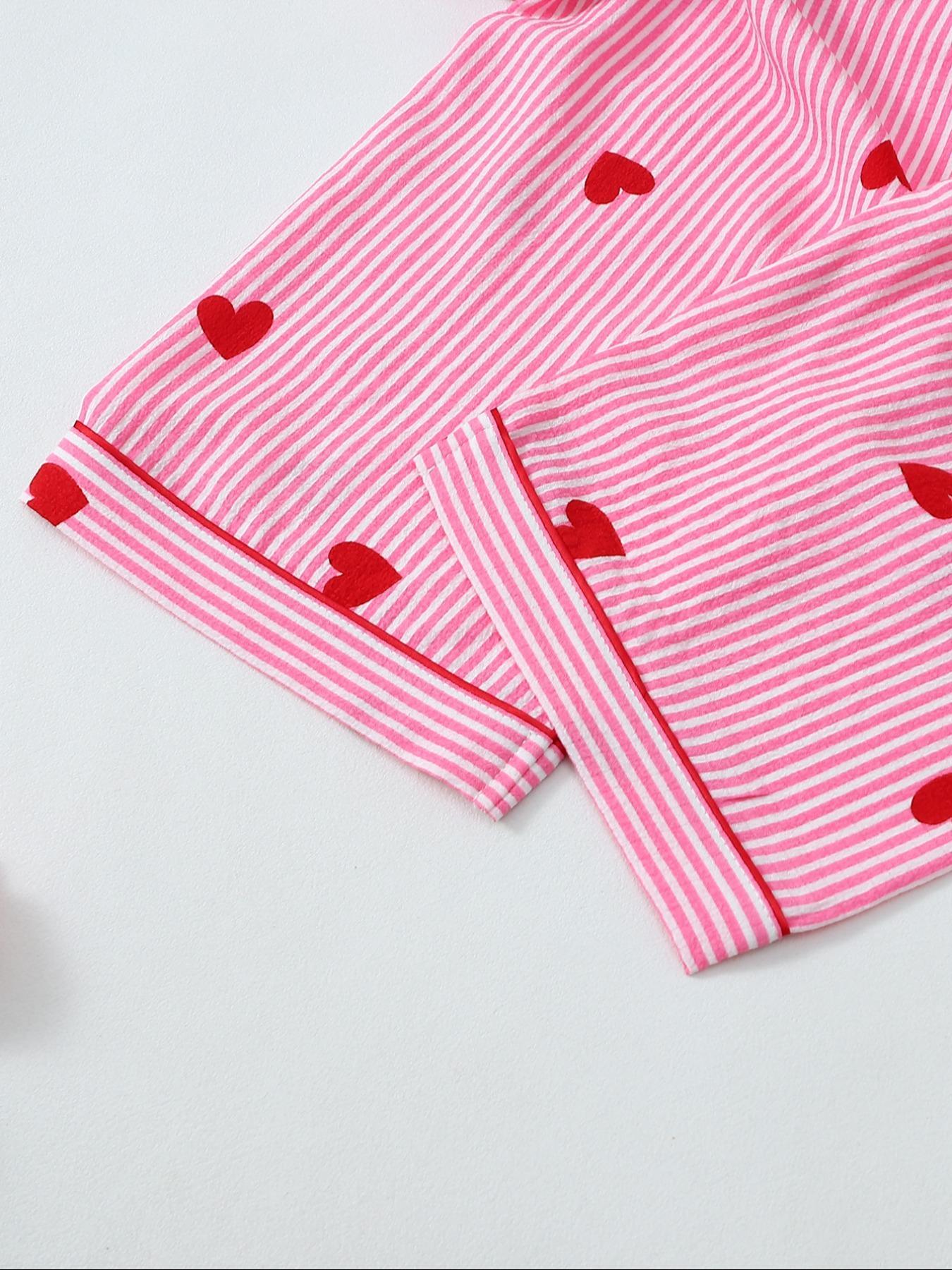 Women's Heart Print Short Sleeve Pajama, Casual Comfy Striped Print Lapel Neck Pocket Shirt & Pants PJ Set, Ladies Sleepwear for All Seasons, Loungewear, Pajamas Lounge Set
