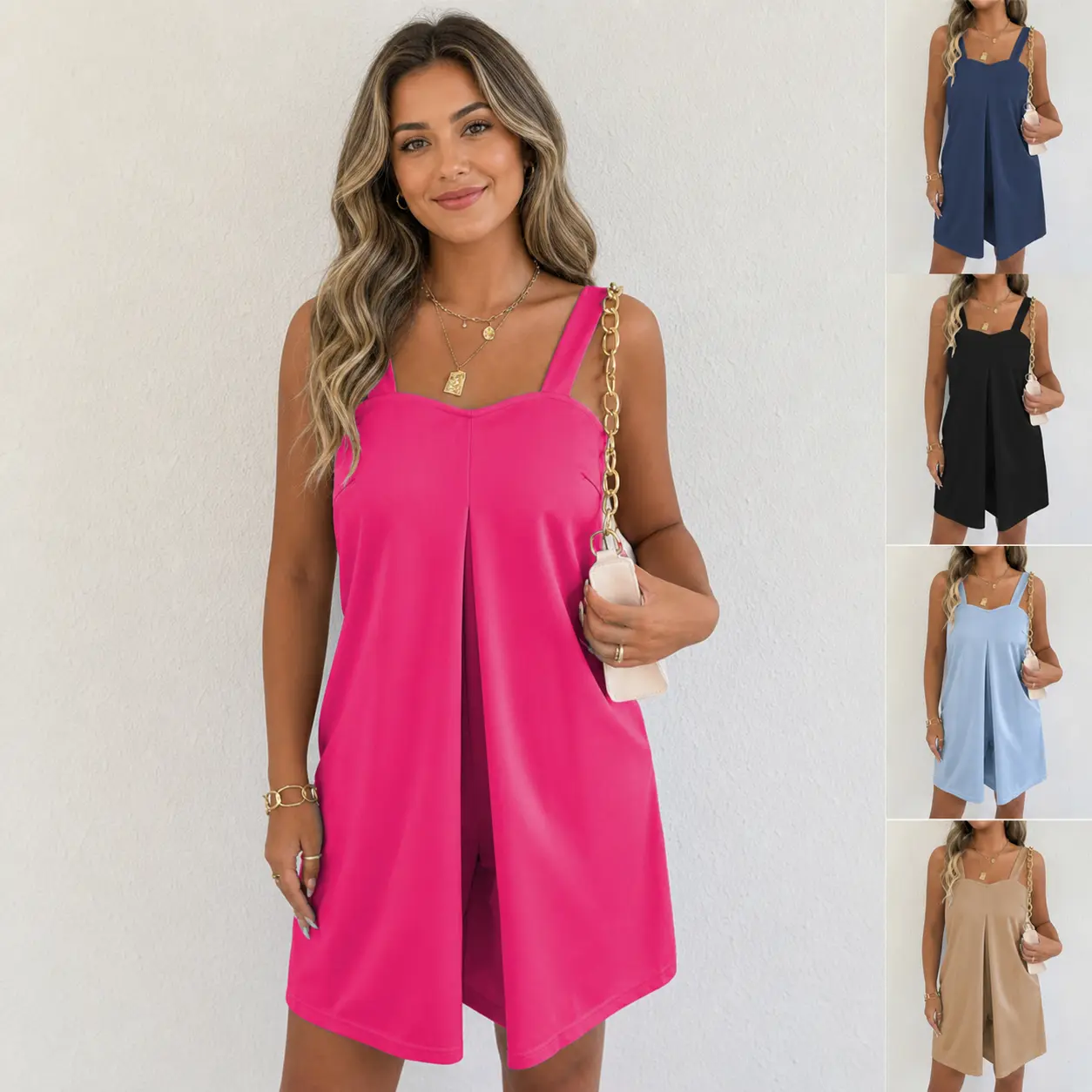Women's sleeveless wide-leg jumpsuit, solid color square-neck loose-fitting short jumpsuit, casual one-piece outfit, stylish and elegant summer vacation beachwear, suitable for travel, cruises, resorts, brunch, parties, holidays, and everyday wear