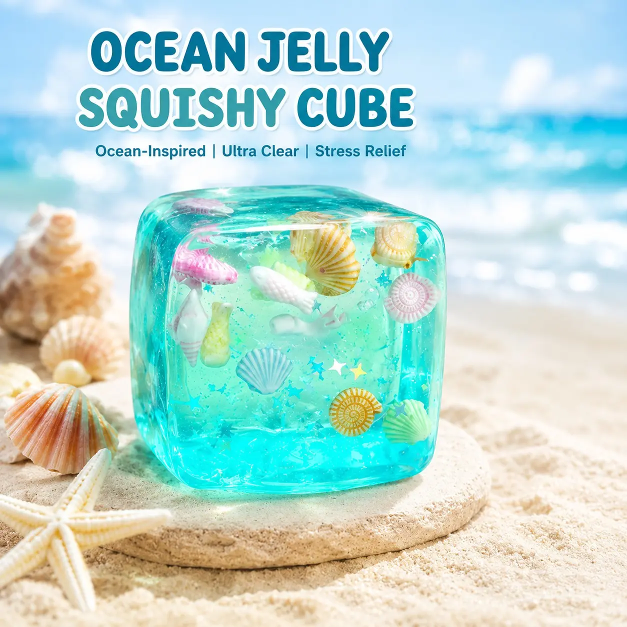 Ocean Block Stress Relief Toy, Transparent Jelly Texture with Shell Glitter, Soft Marshmallow Feel, 5cm Portable, Ideal for Students and Office Workers
