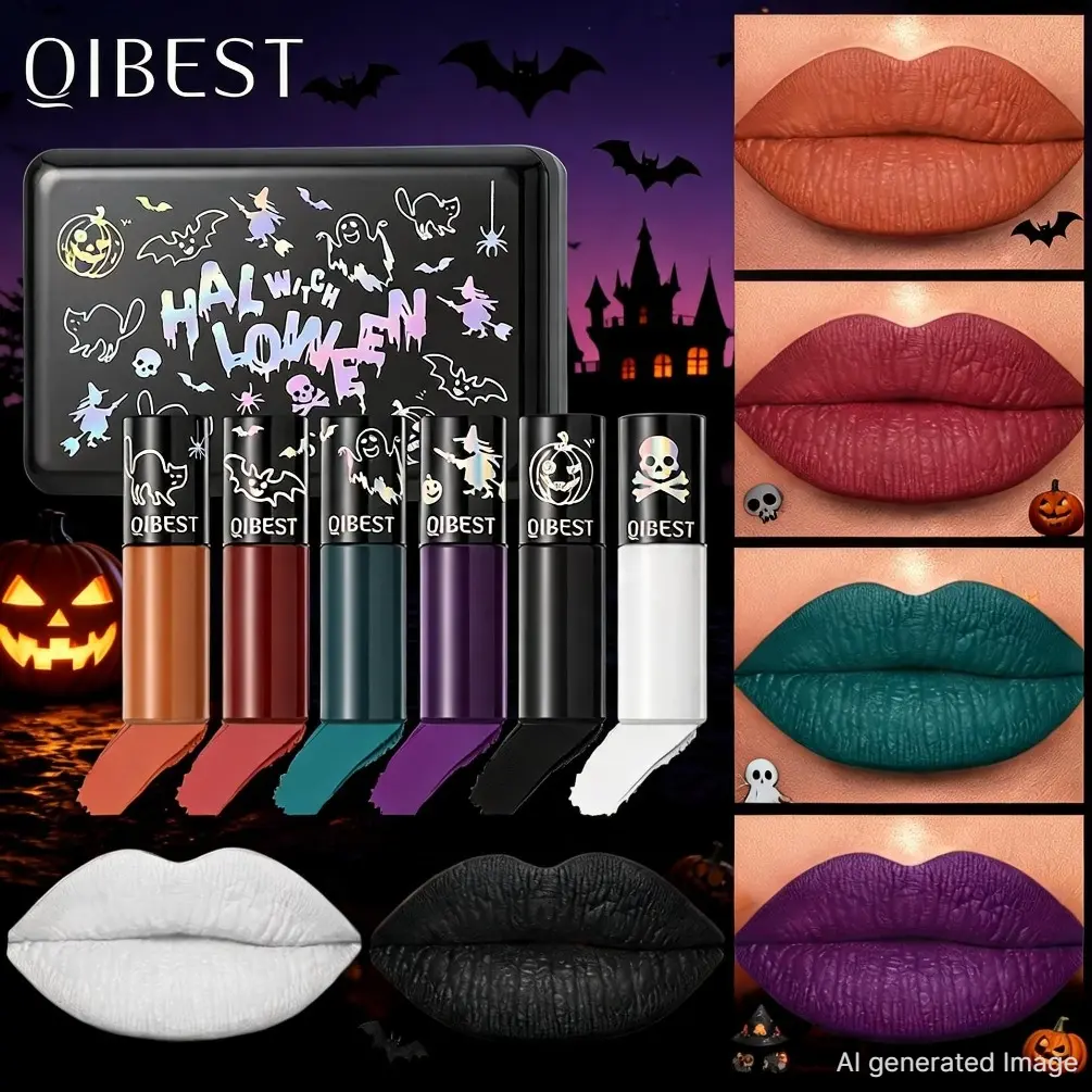 QIBEST 6Pcs Halloween Matte Liquid Lipstick Set Dark Black White Purple Teal Long Lasting Gothic Lip Gloss Cosplay Lip Makeup