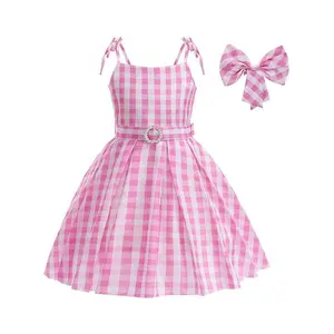 Girl's Gingham Print Faux Pearl Decor Belted Dress With Hair Clip, Cute Spaghetti Strap Tie Shoulder Midi Dress for Party Holiday, Kids Clothes for All Seasons