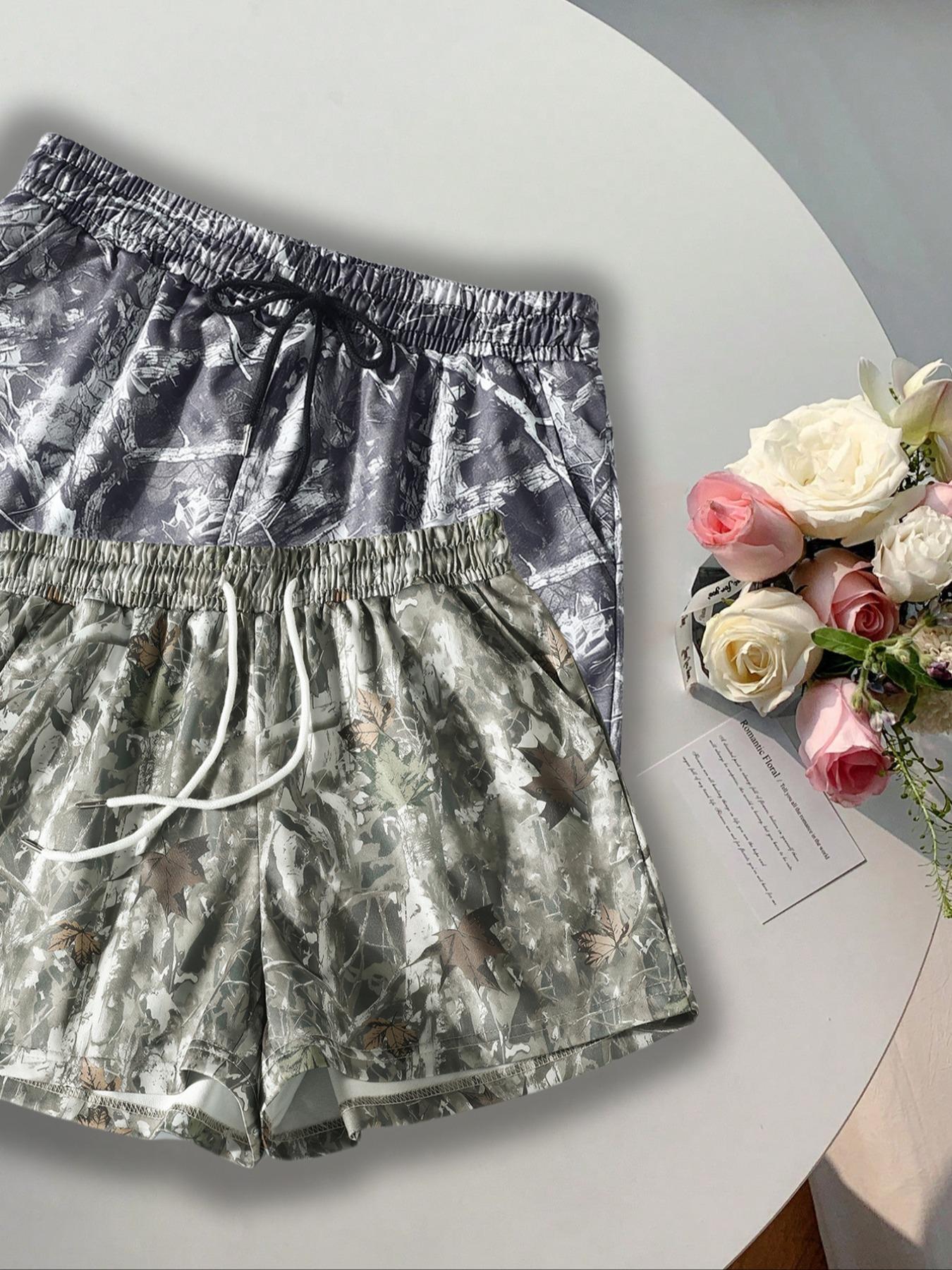 Women's Camo Print Tie Waist Shorts, Casual Comfy Breathable Shorts for Summer, Ladies Bottoms for Daily Wear, Womenswear, Lightweight Printed Shorts, Drawstring Shorts
