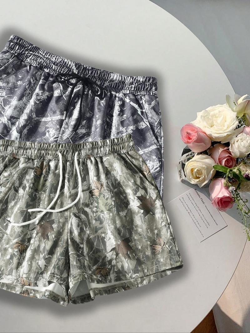 Women's Camo Print Tie Waist Shorts, Casual Comfy Breathable Shorts for Summer, Ladies Bottoms for Daily Wear, Womenswear, Lightweight Printed Shorts, Drawstring Shorts