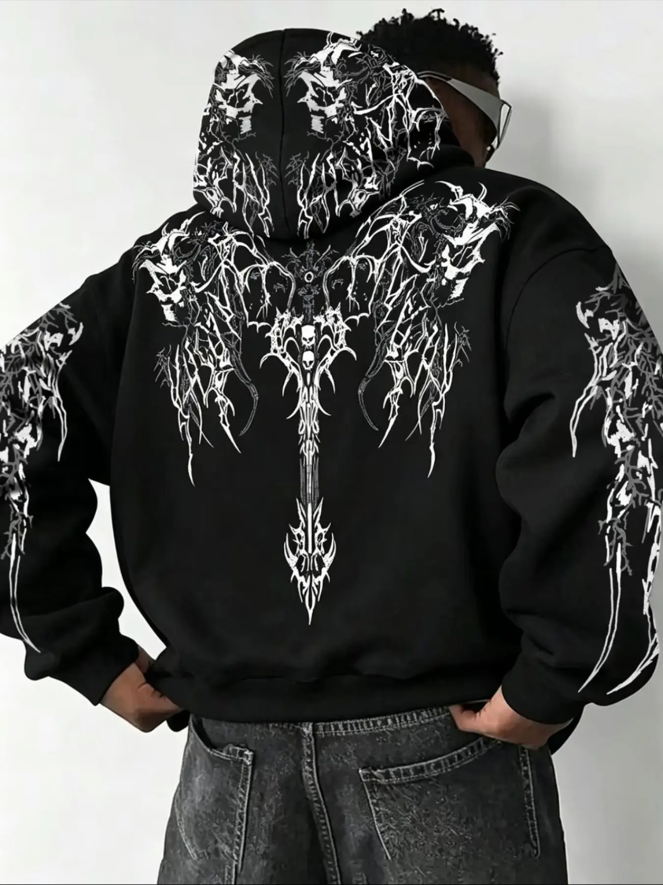 Dark Metal Style Zip-Up Hoodie, Skull Cross Full Print Streetwear, Loose Fit Sweatshirt for Fall & Winter, Casual Slim-Fitting Design