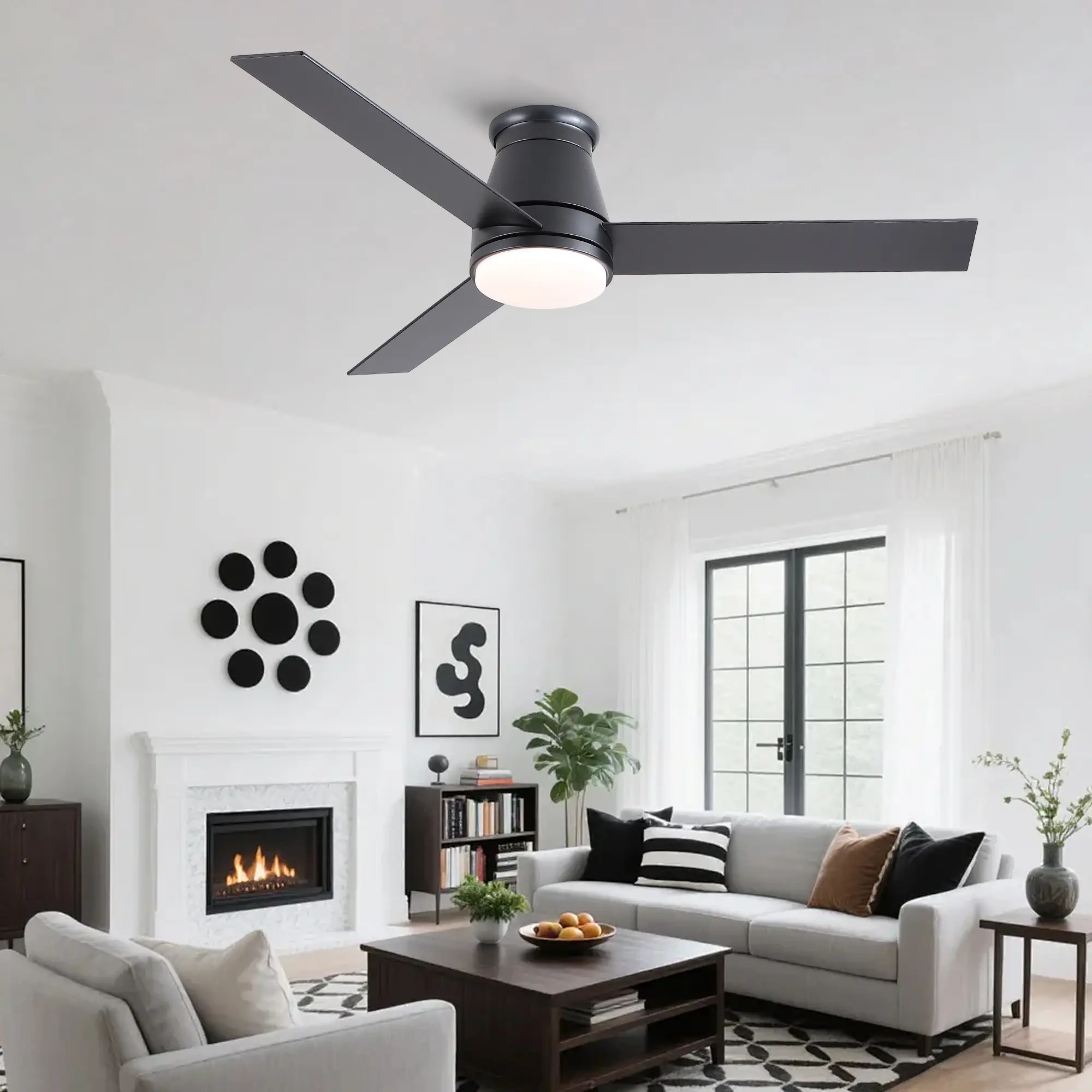 ARCH 52 Inch Farmhouse Black Integrated LED Smart Ceiling Fan with DC Motor Remote & Tuya APP Control for Bedroom Living Room Indoor Use, Plywood Blades, 2300 Lumens, 3 Color Temperatures, Black Color Options, Plywood Material, Product Dimensions: