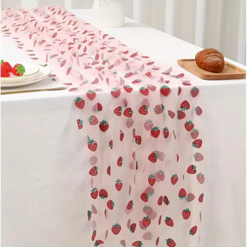 1Pc Pink Strawberry Mesh Tablecloth, Exquisite Strawberry Print Table Runner, Decor for Birthday Wedding Graduation Back to School Party, Party Decoration Supplies