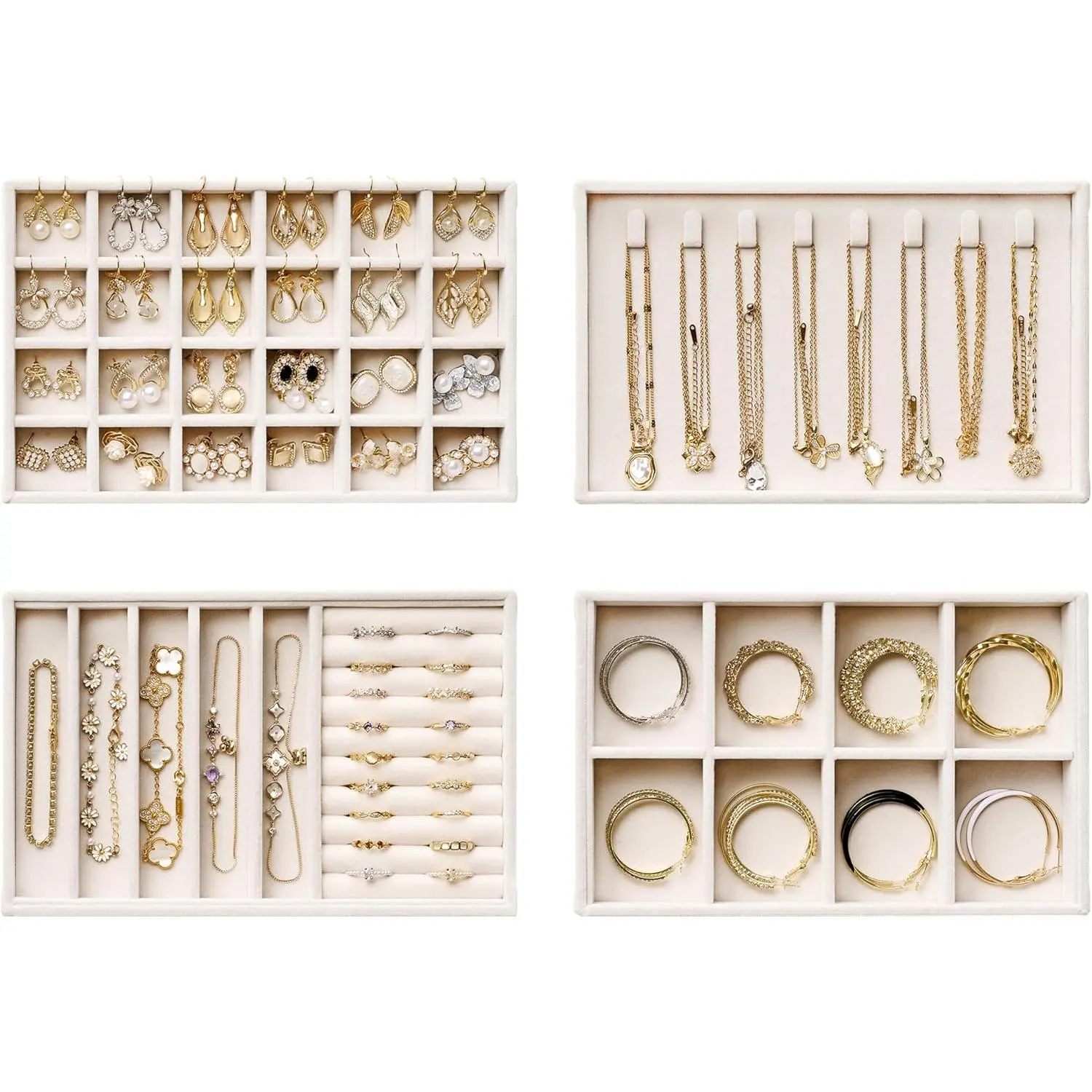 Drawer Organizer Trays – 4-Layer Stackable  Storage Inserts Set, Beige  Tray Set for Earrings, Rings, Necklaces, Bracelets with Removable Dividers for Dresser &