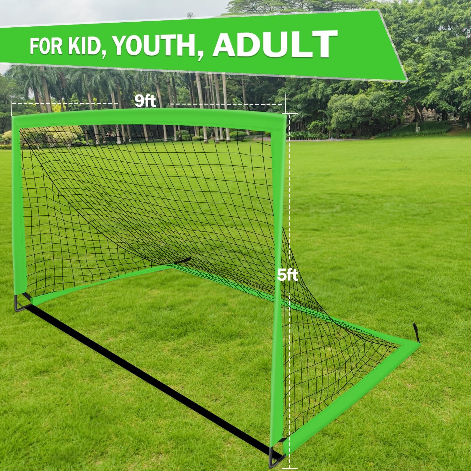 Portable Soccer Goal 9x5ft/6x4ft/4x3ft with Stakes - Green for Backyard, Indoor & Outdoor Use